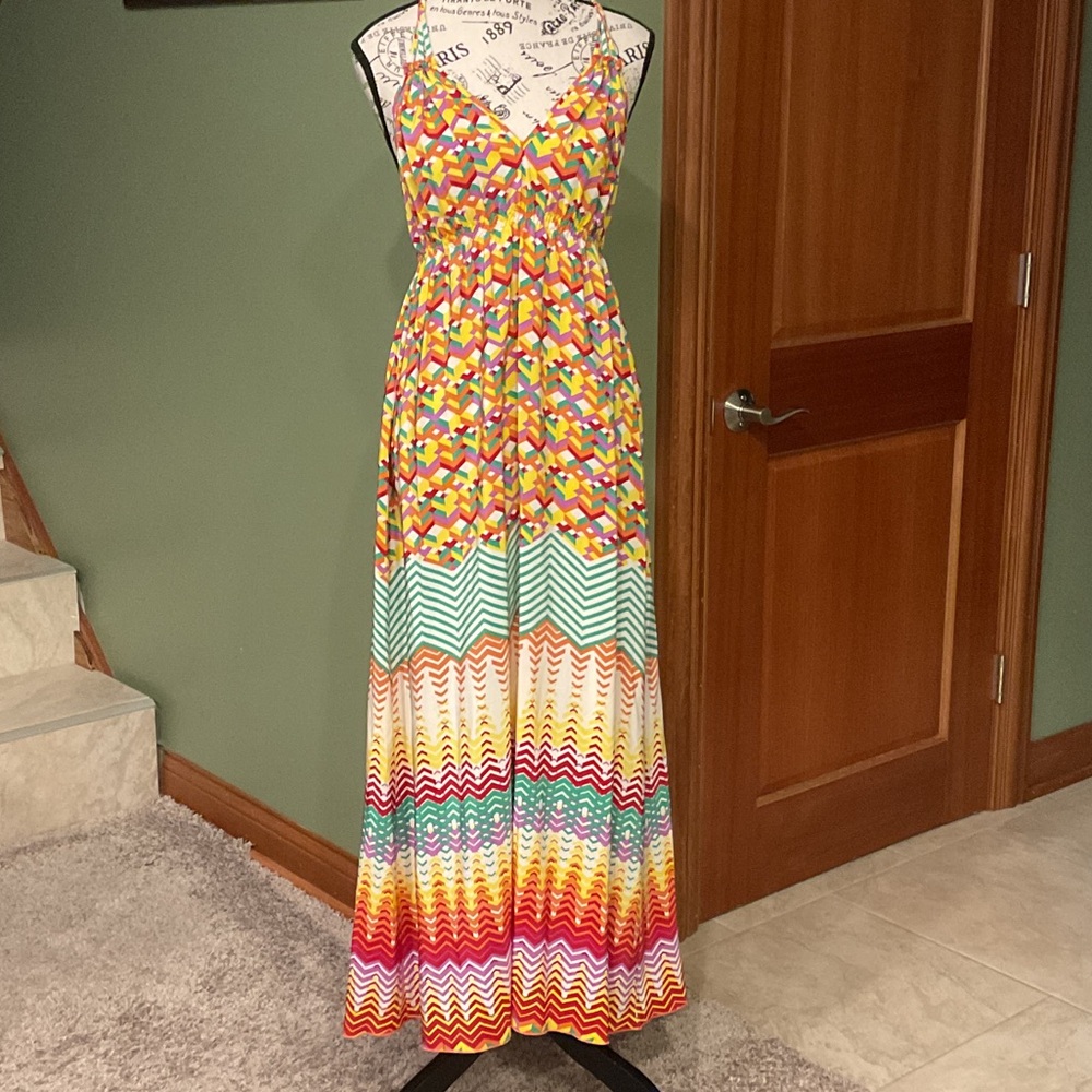 Charlie Jade Silk Multicolor Geometric Maxi Dress, Sz SP